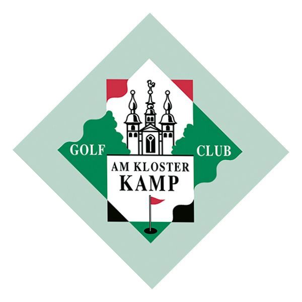 Logo des Golf Club Am Kloster Kamp mit Kirche und Golfsymbol.