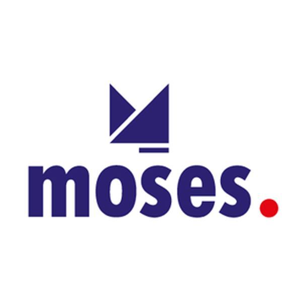 Logo von Moses mit stilisiertem Pfeil und Punkt.