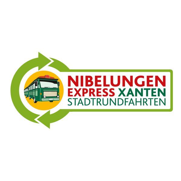 Logo für Nibelungen Express Xanten Stadtrundfahrten mit Bus-Symbol und grünen Pfeilen.